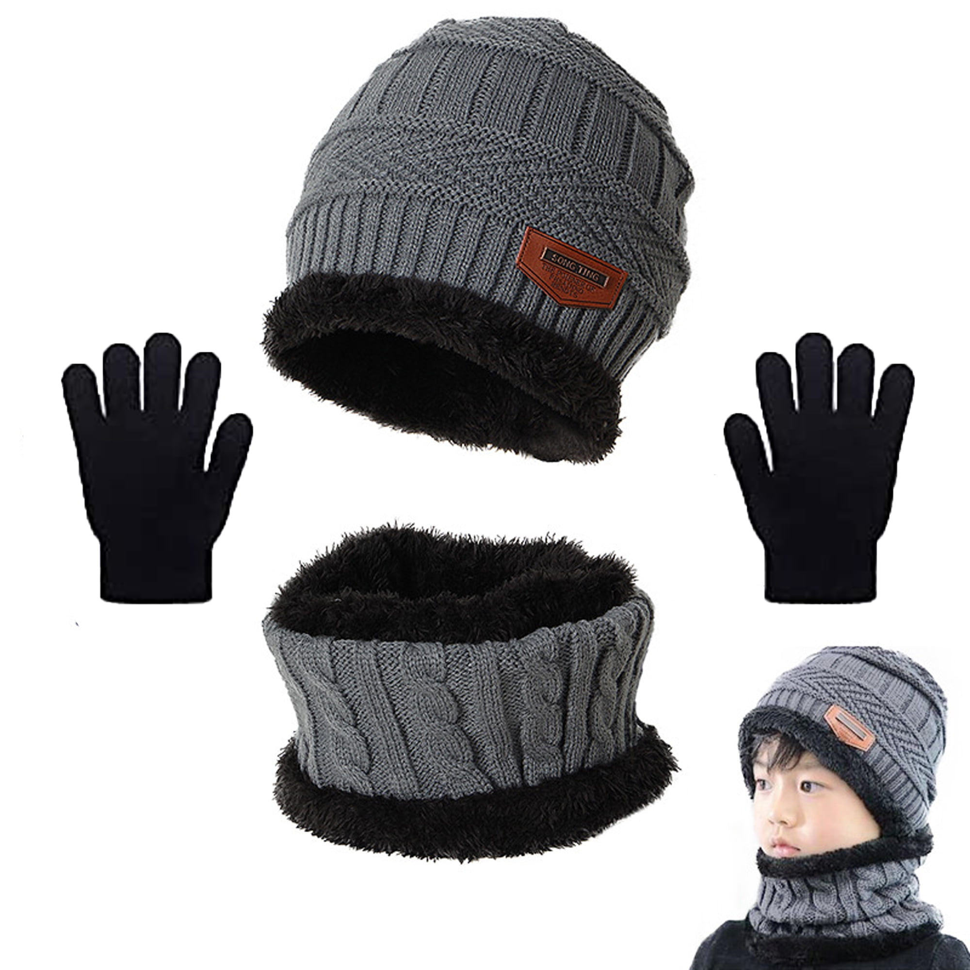 Fleece Lined Winter Beanie Scarf Gloves Set Touchscreen Gloves Neck Warmer Winter Beanie Hat Scarf Touchscreen Gloves Set for Men and  main image 3