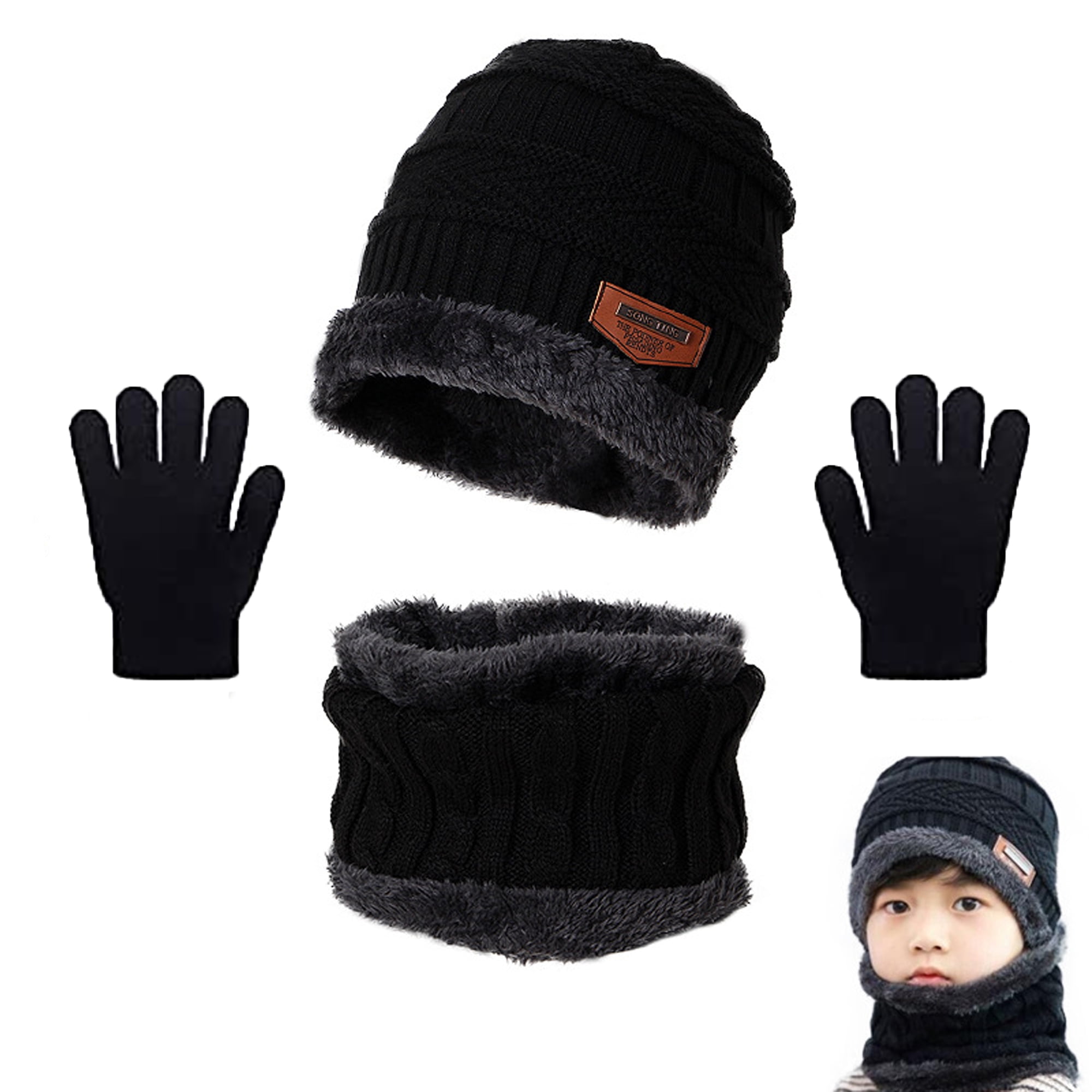 3Pcs Kids Winter Beanie Hat Scarf Gloves Set for 512 Years Old Boys