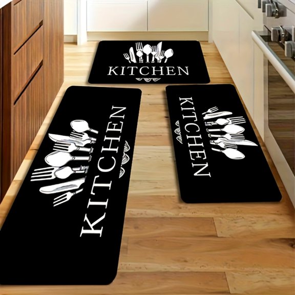 3Pcs Kitchen Alphabet Theme Mat Set with Knife & Fork Pattern, Non-Slip Soft Easy Clean, for Kitchen, Bathroom, Living & Dining Room