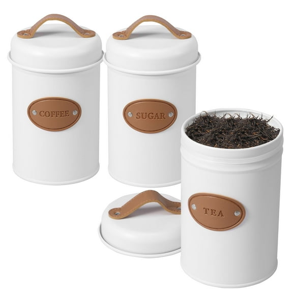 3Pcs Kitchen Canisters Coffee Tea Sugar Container with Airtight Lid and Leather Handle Labelled Food Storage Jar for Kitchen Counter