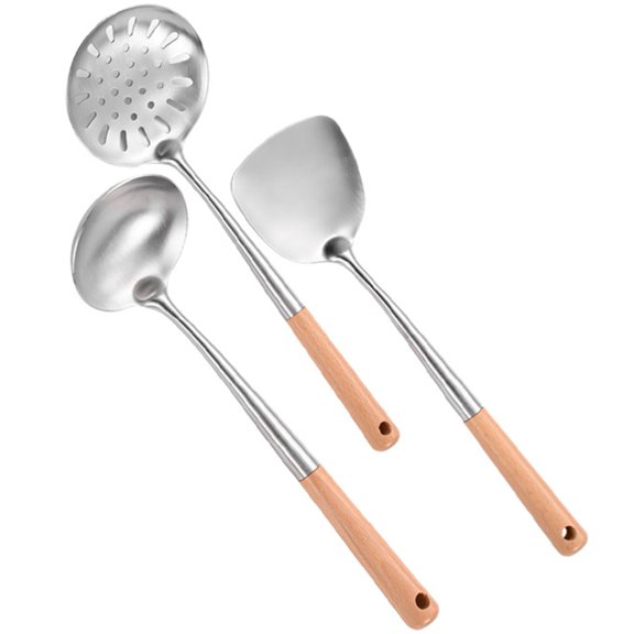 3Pcs Kitchen Cooking Utensils Set Wok Spatula Soup Ladle Colander with Wood Handle Stainless Steel Cooking Tools