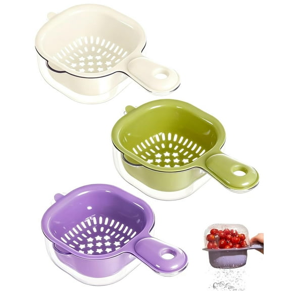 3Pcs Kitchen Dual layer Draining Basket with Handle, Small Fruit Dual Layer Rinser Small Colander Storage Container for Berries, Vegetables, Fruits