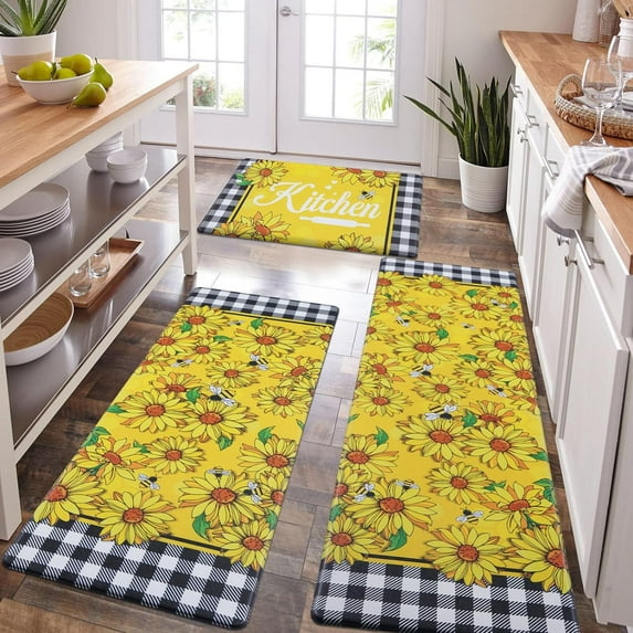 3Pcs Kitchen Mats for Floor Lemon Kitchen Rugs Non Slip Washable, Plaid Anti Fatigue Mats for Kitchen Floor, Yellow Standing Floor Mats for Home/Office, 18''''x30''''+18''''x48''''+18''''x60''''