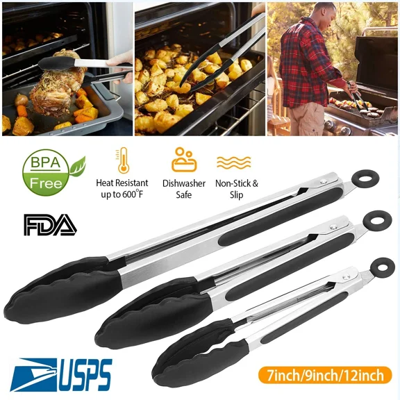 3Pcs Kitchen Tongs Stainless Steel & Silicone Tips Non-Stick Food Tongs Cooking
