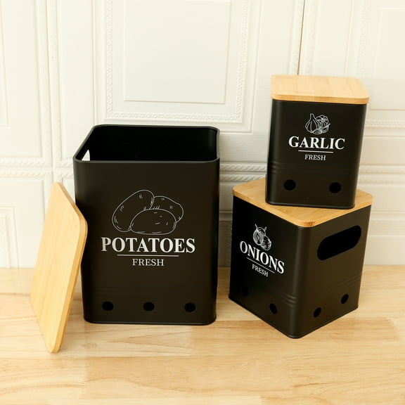 3Pcs Kitchen Vegetable Storage Tin Set 3 Size Stackable Garlic Onions Potatoes Storage Container Carbon Steel Kitchen Canister for Picnic