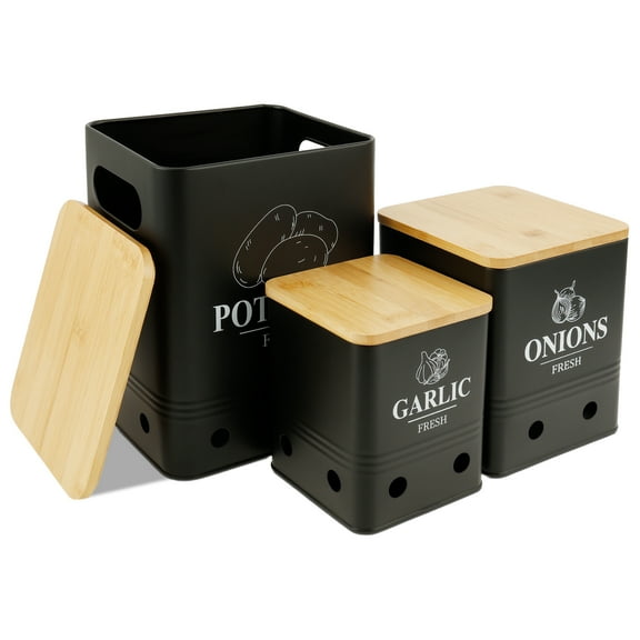 3Pcs Kitchen Vegetable Storage Tin Set 3 Size Stackable Garlic Onions Potatoes Storage Container Carbon Steel Kitchen Canister for Picnic