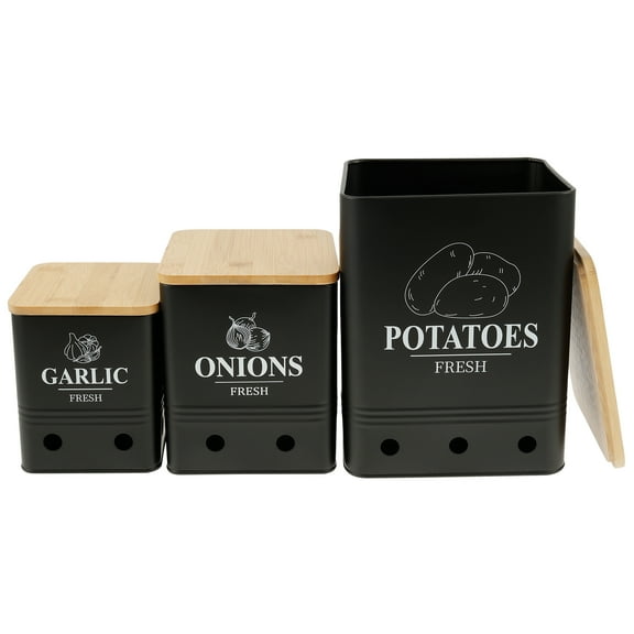 3Pcs Kitchen Vegetable Storage Tin Set 3 Size Stackable Garlic Onions Potatoes Storage Container Carbon Steel Kitchen Canister for Picnic