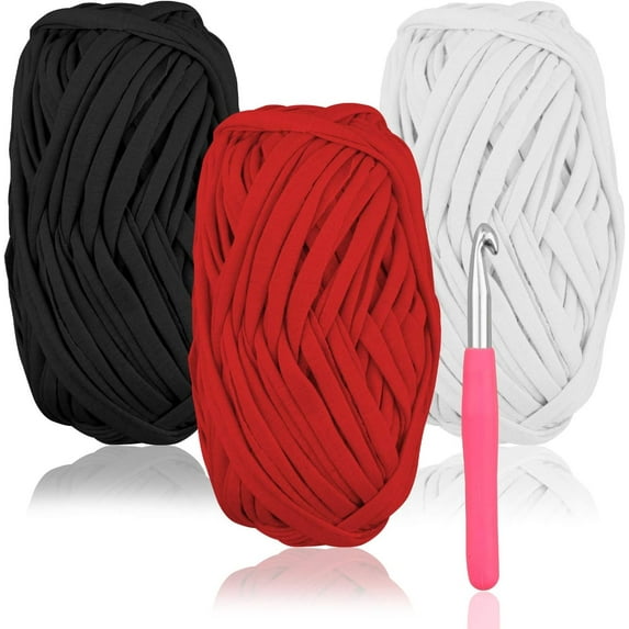 3Pcs Knitting Yarn Fabric Cloth T-Shirt Yarn Carpet Yarn,120 Yards Knitting Yarn for Hand DIY Bag Blanket Cushion Crocheting Projects,with Crochet Hook