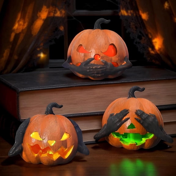 3Pcs LED Light Up Pumpkin Set | 3.14 Inch Glowing Halloween Figurines | Resin Mantel Decorations with Expressions | Cute Pumpkin Lights | Indoor Halloween Display