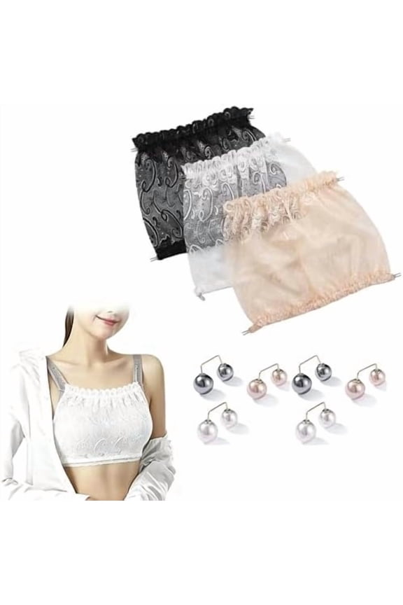 3Pcs Lady Lace Modesty Panel Set with Adjustable Cleavage Cover Wearable Mock Camisole Bra Insert Overlay Black