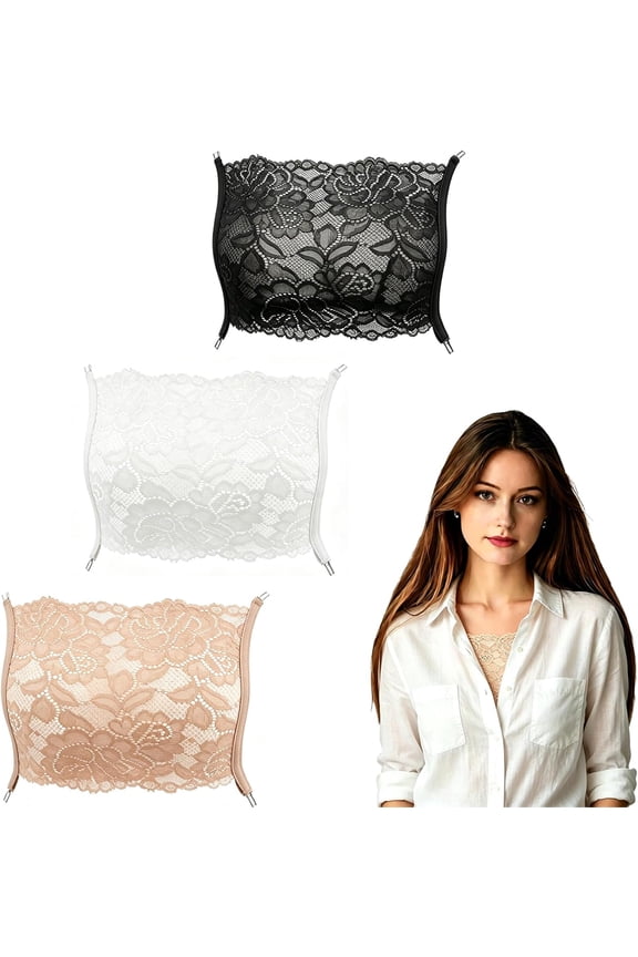 3Pcs Lady Lace Wearable Mock Cami Bra Insert Overlay Modesty Panel Vest Cleavage Cover Black