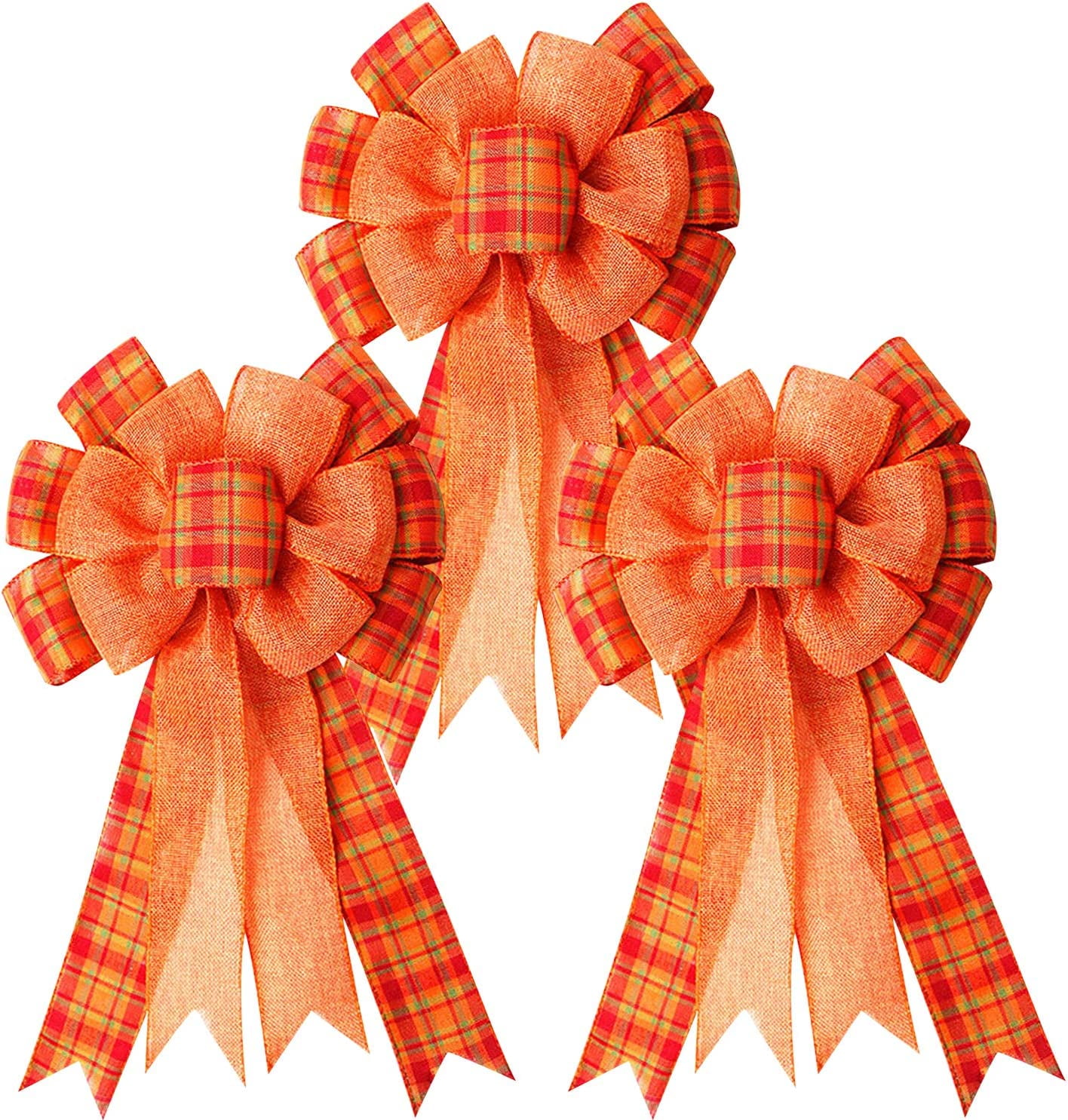 3Pcs Large Fall Thanksgiving Wreath Gift Bow -18.8x10.6inch Orange Buffalo Plaid Check Wreath Swag Bow Wreath Pre-Tied Bow for Fall, Thanksgiving, Christmas, Home Ornaments