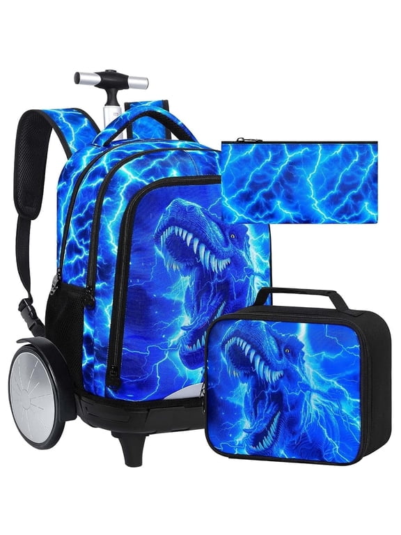 3Pcs Large Rolling Backpack for Boys, 20 Inch Detachable Light Up Wheeled Bookbag with Lunch Box, Durable Lightning Dinosaur Roller Backpack for Elementary Middle School (Blue)