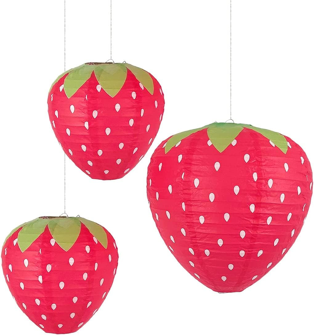 3Pcs Large Size Strawberry Party Decorations Fruit Themed Party Decor Strawberry Birthday Decorations for Girl Party Supplies Nursery Paper Lantern Hanging Ornament