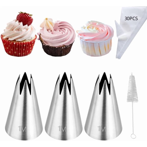 3Pcs Large Tip Siz 1M Star Piping Tip and Piping Bags Set, | Open Star 1M Piping Tips with 30PCS Disposable Piping Bags for classic cupcakes rosette cake decorating,Merengue Cookies