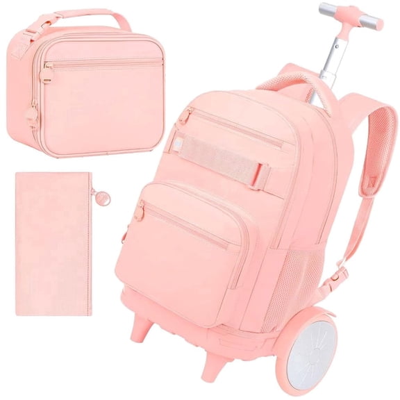 3Pcs Large Wheels Rolling Backpack for Girls Women, 20 Inches Detachable Wheeled Backpack Set, Water Resistant Roller Backpack for Travel Work College School (Pink)