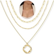 3Pcs Layered 14K Gold Plated Necklace Set for Women, Stackable Dainty Paperclip Choker Chain, Heart Cross Bow Circle Rhinestone Pendant Fashion Jewelry