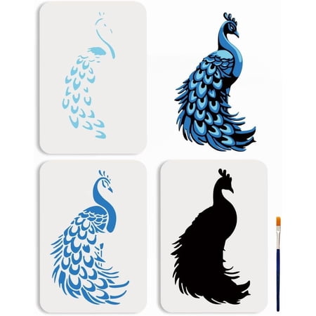 3Pcs Layered Peacock Stencils 11.7x8.3inchs Reusable Peacock Feather Template with Paint Brush Animal Drawing Templates