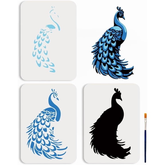 3Pcs Layered Peacock Stencils 11.7x8.3inchs Reusable Peacock Feather Template with Paint Brush Animal Drawing Templates