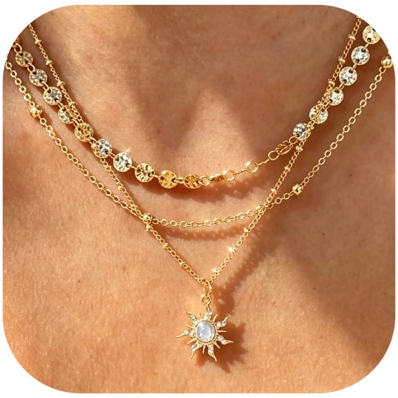 3Pcs Layered Starburst Pendant Necklace Set, MultiLayer Stackable Necklaces for Women Daily Party Neck Jewelry Gifts