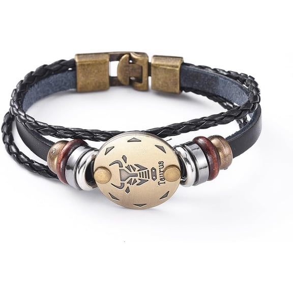 3Pcs Leather Cord Bracelets Retro Multi-strand Bracelets with Wood Beads Hematite Beads and Alloy Findings Flat Round Bronze Taurus Bracelets for Women Men Gifts Black