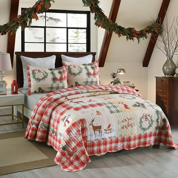 3Pcs Lightweight Christmas Quilt Set Festive Sleigh Design Bedspread Cozy Holiday Bedding for Winter B021