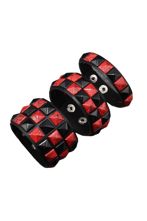 3Pcs Lightweight PU Leather Punk Bracelets Gothic Square Studs Stackable for Music Event Comfortable Wrist Wear