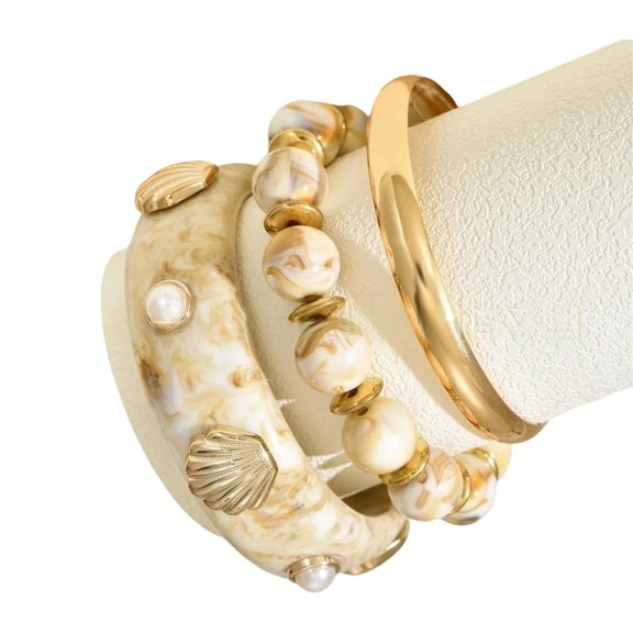 3Pcs Lightweight Resin Pearls Accent Waved Bracelet Stackable Jewelry Piece