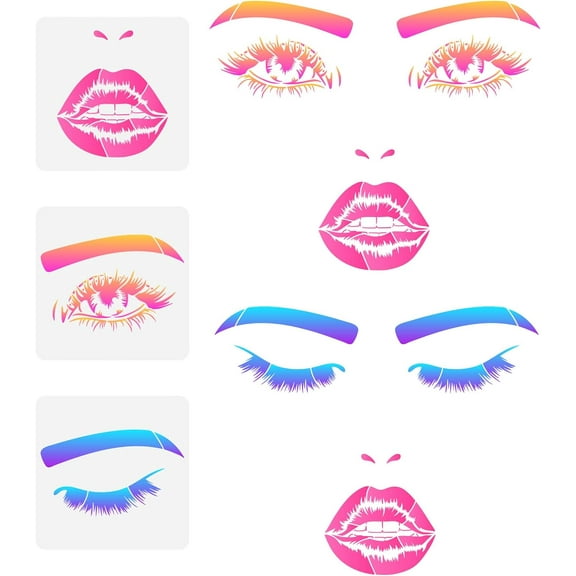 3Pcs Lip Eyes Painting Stencils 11.8x11.8inch Facial Features Stencils Reusable Closed Eye Stencil Mouth Lips Pattern Drawing Template to Draw Faces On Wall Wood Fabric Colorful