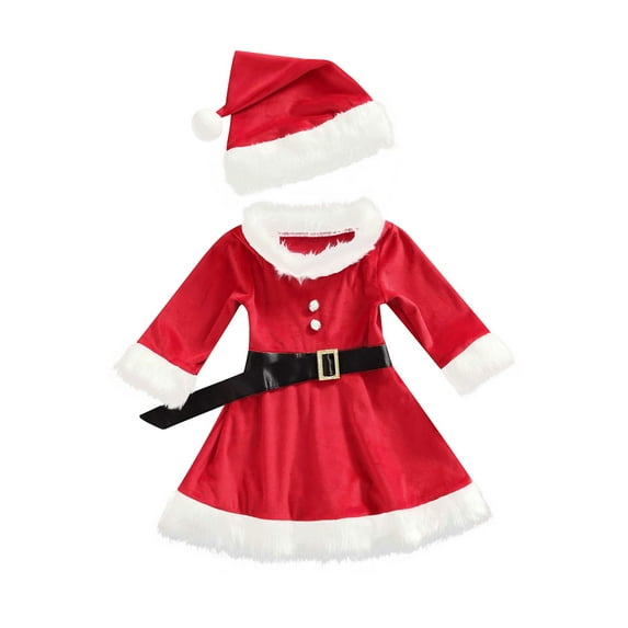 3Pcs Little Girls Christmas Skirt Set, Fluffy Stitching Boat Neck Long Sleeve Dress + Hat + Waist Belt Suit