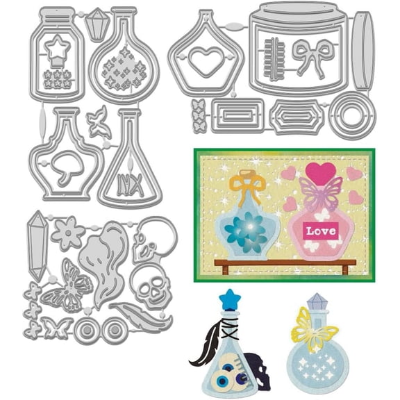 3Pcs Magic Bottle Cutting Dies Cut Stencils Glasses Bottles Metal Cutting Dies for DIY DIY Scrapbooking Magic Glassware Album Decorative Embossing Paper Dies for DIY Card Making Template