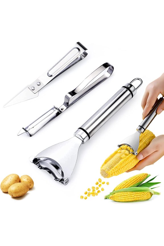 3Pcs Magic Corn Peeler Set Corn Cob Stripper Tool Corn Slicer Cob Remover Tool Premium Stainless Steel Corn Thresher with Ergonomic Handle Corn Cutter From the Cob Kitchen Gadget