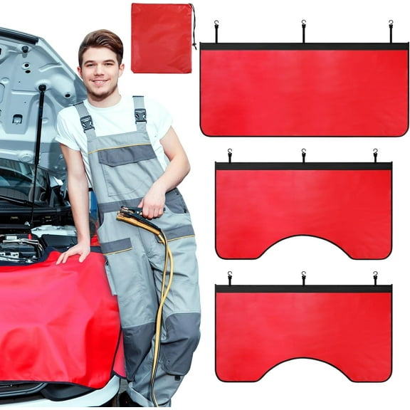 3Pcs Magnetic Fender Protector Cover for Mechanics Large Leather Automotive Fender Cover with Storage Bag Protector Mat Pad with Hooks for SUV/Sedan/Trucks Etc, Size l(Red)