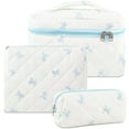 thumbnail image 1 of Rirool 3Pcs Quilted Cotton Makeup Bag Set, Travel Cosmetic Toiletry Bags with Zipper, Large Capacity Portable Storage Organizer Pouch for Women Girls, Floral Bow Design – Blue, 1 of 7