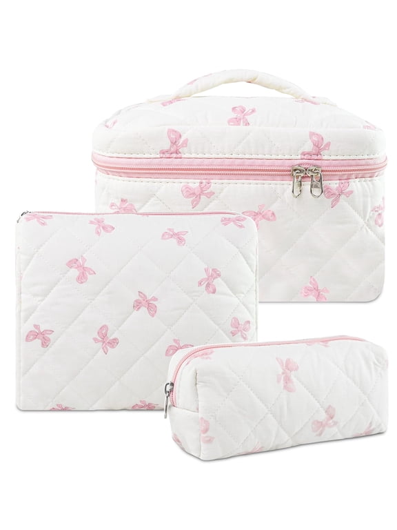 3-Piece Quilted Cotton Makeup Bag Set, Pink Bow Print Cosmetic Pouches with Zipper Closures, Portable Toiletry and Skincare Organizers for Women, Travel, Handbags and Everyday Storage