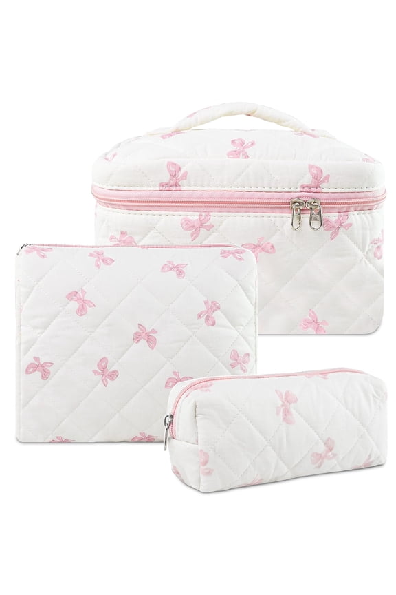 3Pcs Quilted Cotton Makeup Bag Set, Travel Cosmetic Toiletry Bags with Zipper, Large Capacity Portable Storage Organizer Pouch for Women Girls, Floral Bow Design – Pink