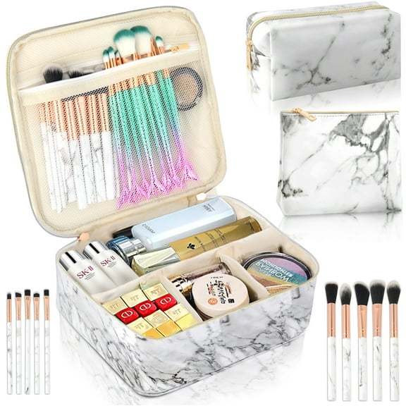 3Pcs Makeup Bags for Women, Travel Makeup Bag, Large Cosmetic Bag, Marble Makeup Bag with 10 Pcs Brushes, Makeup Case Organizer with Adjustable Dividers-White