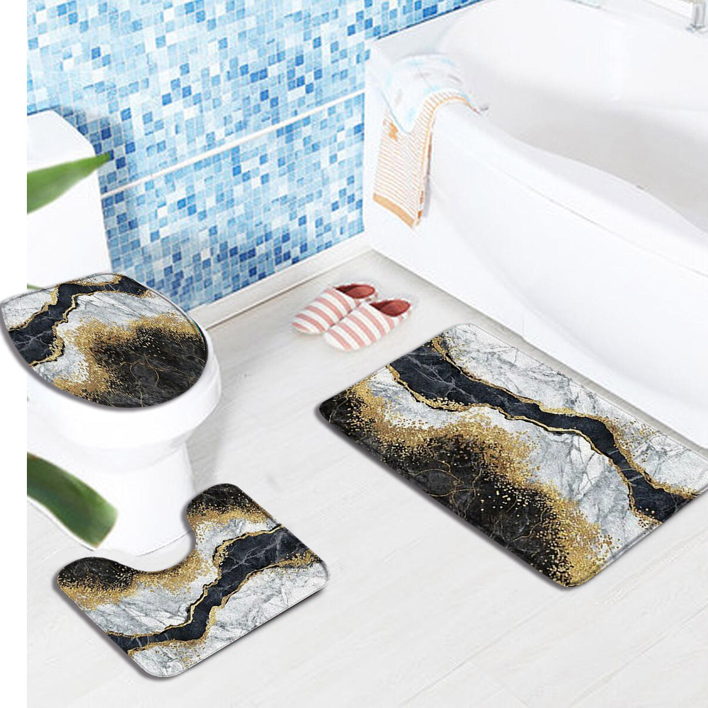 3Pcs Marble Pattern Carpet Bathroom Non-Slip Bath Mat Set Toilet Mat ...