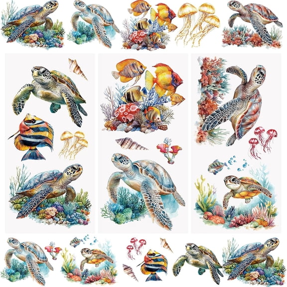 3Pcs Marine Animal Theme Rub On Transfer Sticker,Turtles Sticker Tropical Fish Decal for Present Packaging DIY Scrapbooking Albums Furniture,15 * 30cm