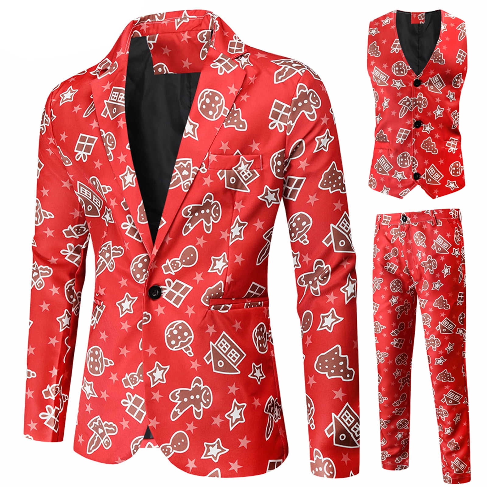 3Pcs Men Christmas Suit, Santa Pattern Print Jacket+Vest+Trousers Set ...