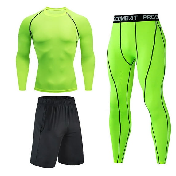 3Pcs Men's Compression Workout Clothes Long Sleeve Shirt Pants Shorts Suit Fitness Sports Jersey Tops & Bottom Set