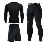3Pcs Men's Compression Workout Clothes Long Sleeve Shirt Pants Shorts Suit Fitness Sports Jersey Tops & Bottom Set