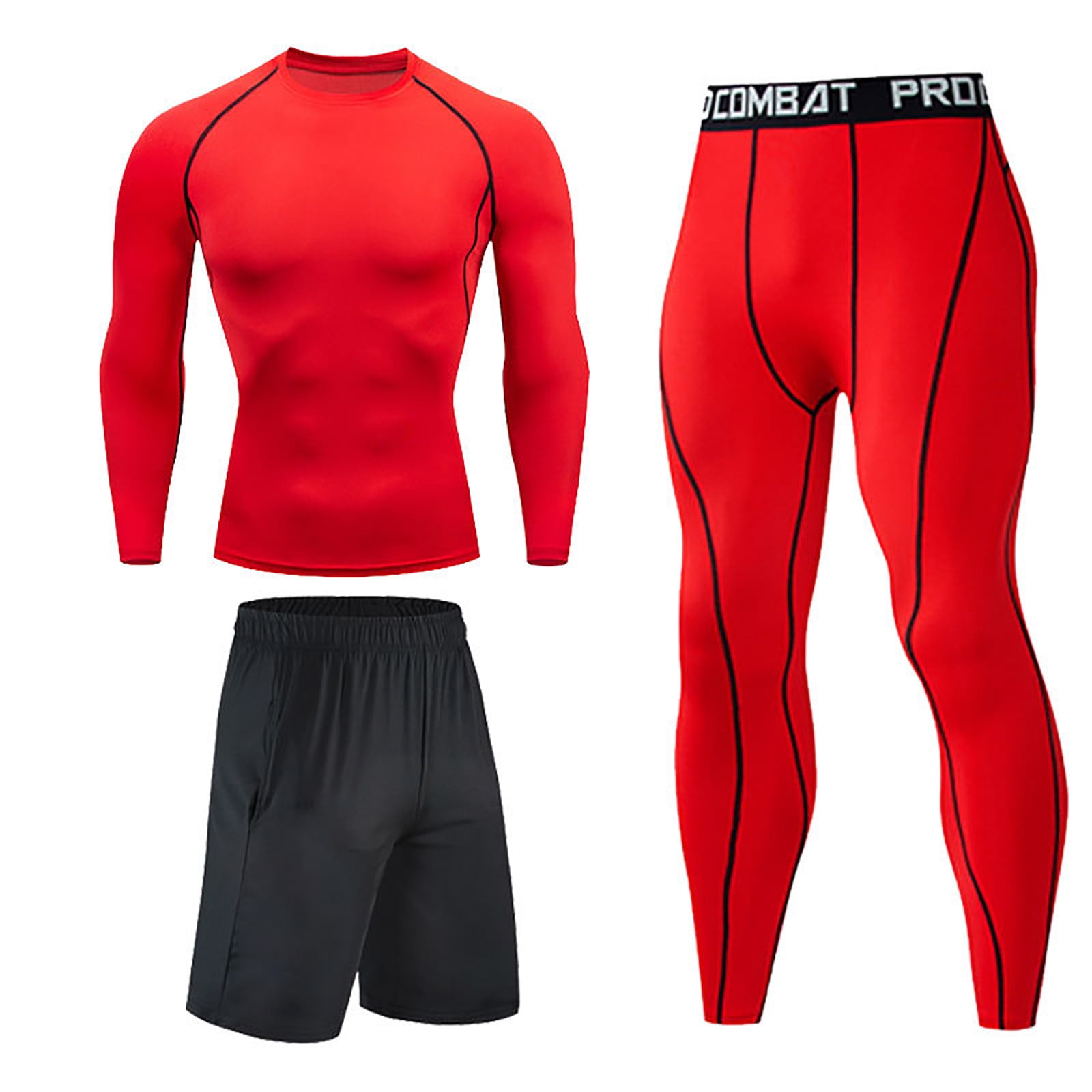 3Pcs Men's Compression Workout Clothes Long Sleeve Shirt Pants Shorts