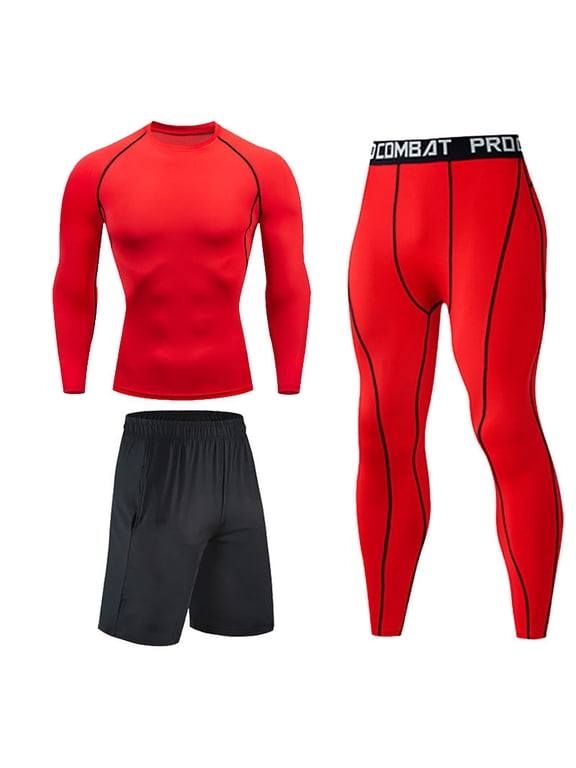 3Pcs Men's Compression Workout Clothes Long Sleeve Shirt Pants Shorts Suit Fitness Sports Jersey Tops & Bottom Set