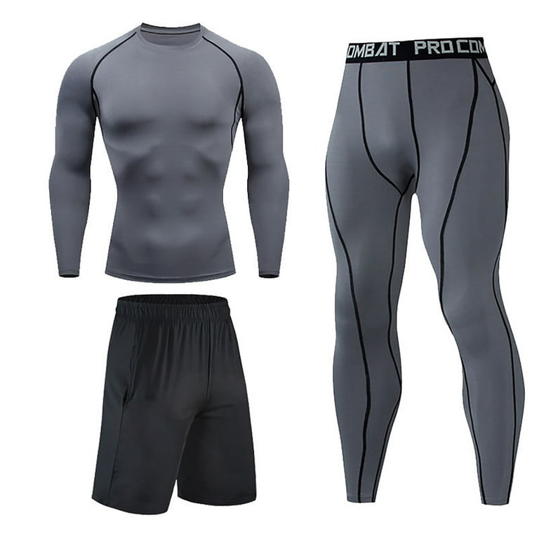 Lisgai 3pcs Men's Compression Workout Clothes Long Sleeve Shirt Pants Shorts Suit Fitness Sports Jersey Tops & Bottom Set, Size: 3XL, Gray