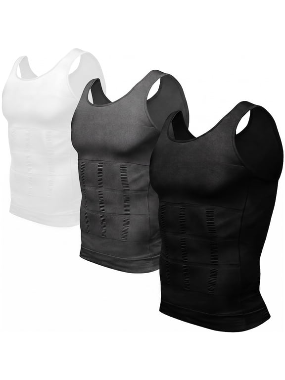 3Pcs Men's Seamless Compression Shapewear Tank Top, Tummy Control Slimming Body Shaper Vest