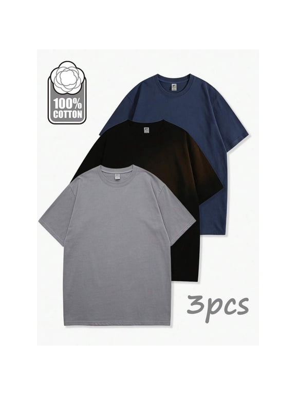 3Pcs Mens 100% Cotton T-Shirts: Black + Gray + Navy Blue — Casual Short Sleeve Crew Neck Tee Set