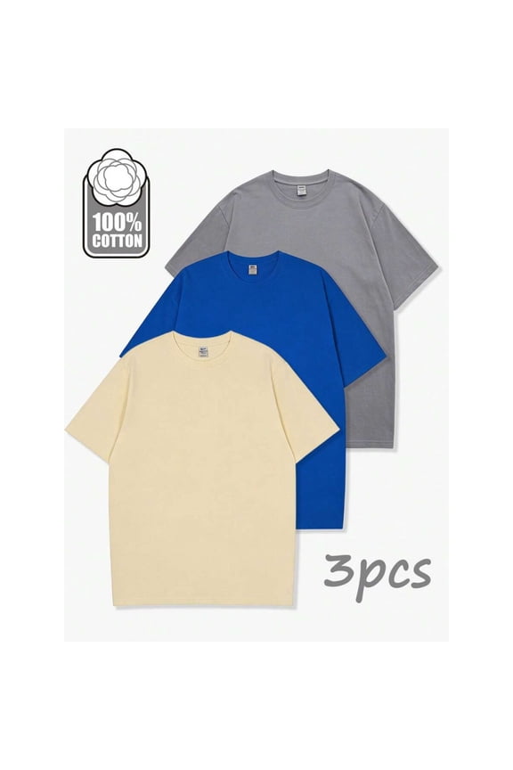 3Pcs Mens 100% Cotton T-Shirts: Gray + Apricot + Blue — Casual Short Sleeve Crew Neck Tee Set