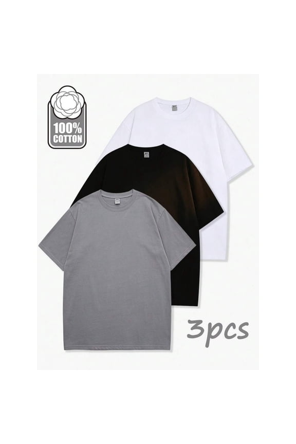 3Pcs Mens 100% Cotton T-Shirts: White + Black + Gray — Casual Short Sleeve Crew Neck Tee Set