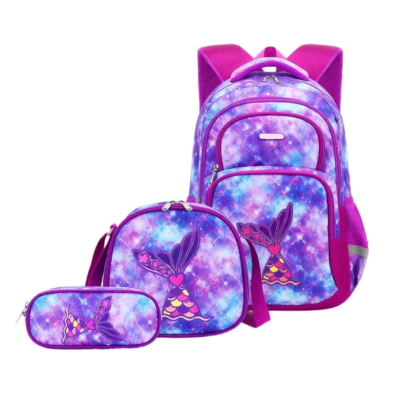 3Pcs Mermaid Backpack Backpack Set with Lunch Box Pencil Case C